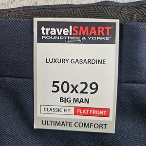 NEW Roundtree & Yorke Dress Pants Men 50 x29 Classic Navy Luxury Gabardine Comfy